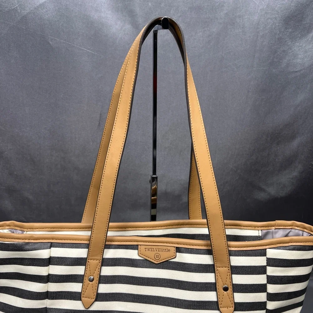 TWELVElittle Stripe Diaper Bag Tote Black White Tan Coated Canvas Large Carryall